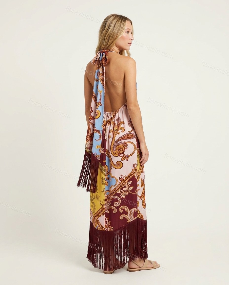 Red Paisley Maxi Open-Back Dress, front studio view, by Floravincie