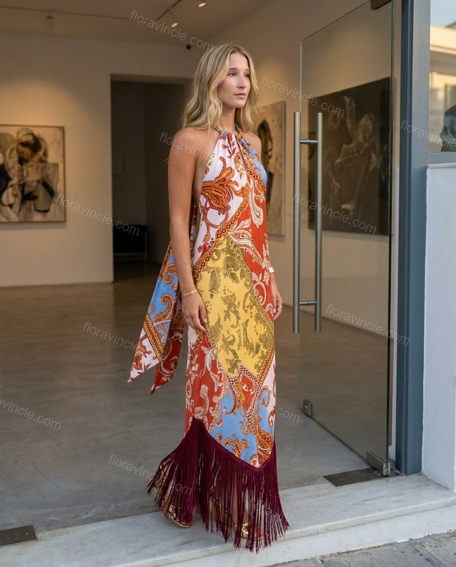 Red Paisley Maxi Open-Back Dress, three-quarter brand lifestyle view, by Floravincie