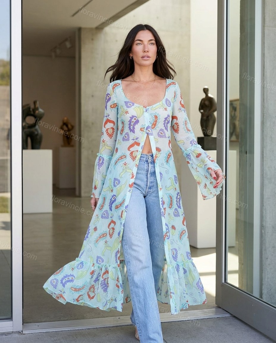 Light Blue Paisley Ruffled Outerwear, movement and fit lifestyle view, by Floravincie