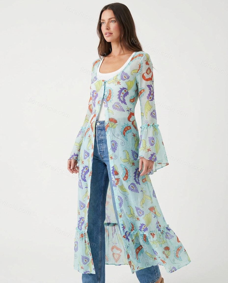 Light Blue Paisley Ruffled Outerwear, side and back studio view showing not visible, by Floravincie