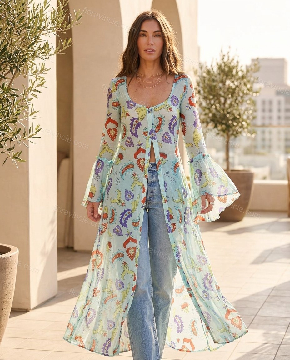 Light Blue Paisley Ruffled Outerwear, full-length hero view, by Floravincie