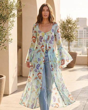Light Blue Paisley Ruffled Outerwear, full-length hero view, by Floravincie