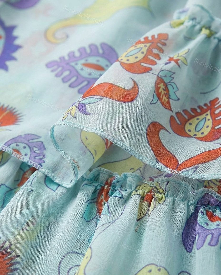 Light Blue Paisley Ruffled Outerwear, close-up of paisley, by Floravincie