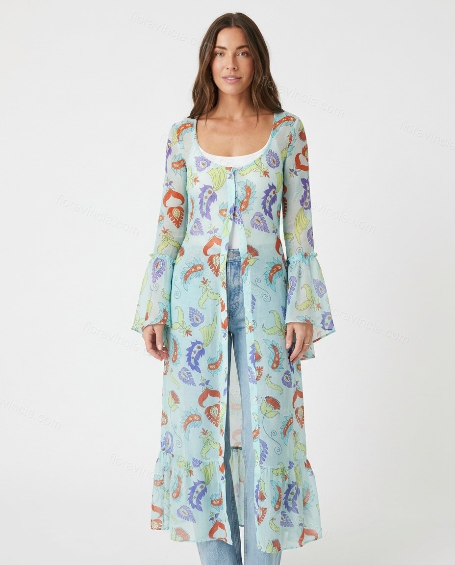 Light Blue Paisley Ruffled Outerwear, front studio view, by Floravincie