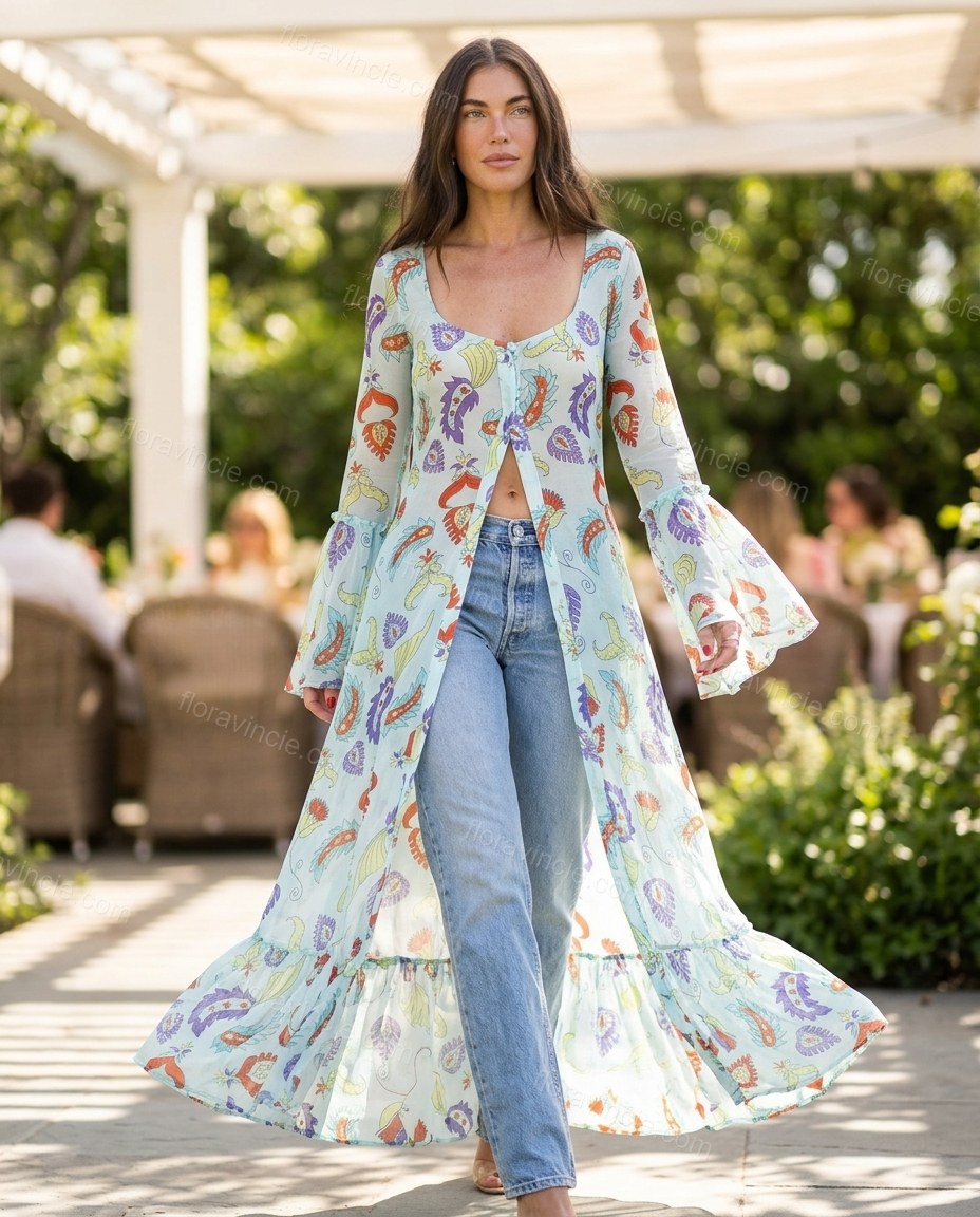 Light Blue Paisley Ruffled Outerwear, walking lifestyle view, by Floravincie