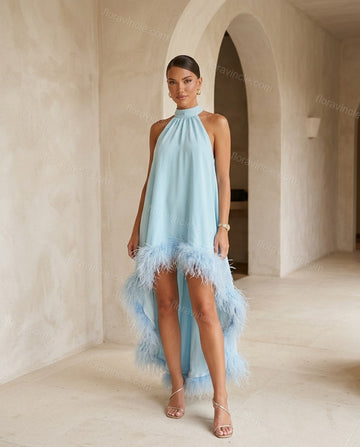 Light Blue Mini Halter High-Low Dress, full-length hero view, by Floravincie