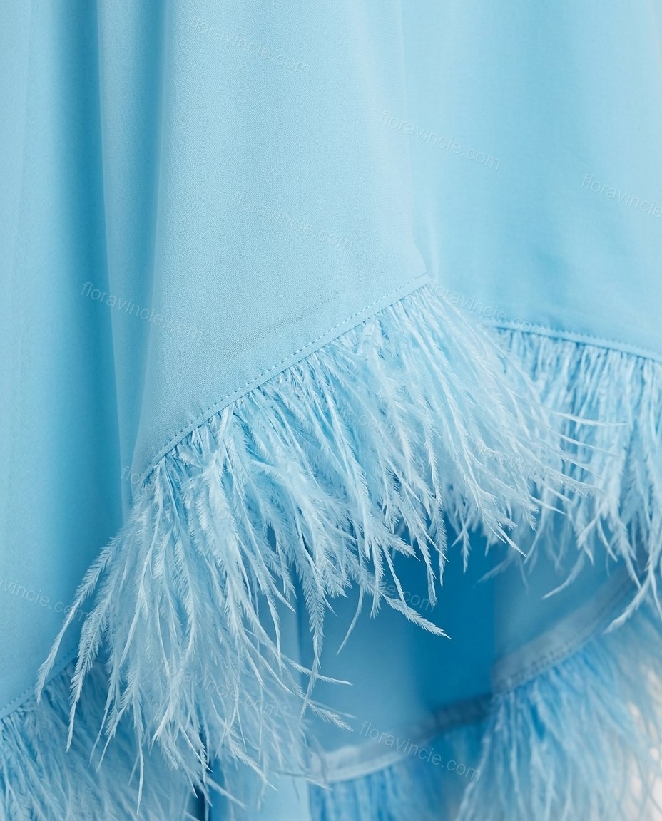 Light Blue Mini Halter High-Low Dress, close-up of feather trim, high-low hem and halter neck, by Floravincie