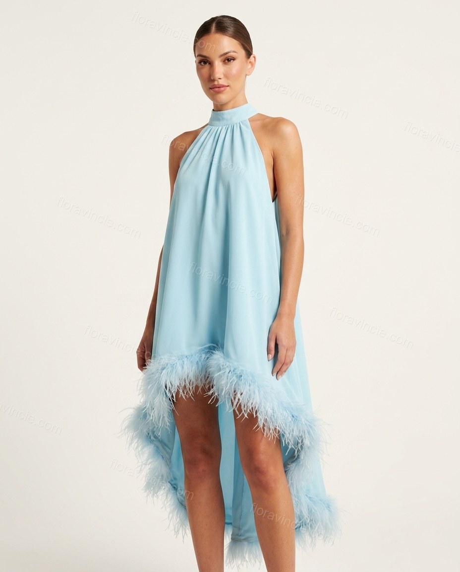 Light Blue Mini Halter High-Low Dress, front studio view, by Floravincie
