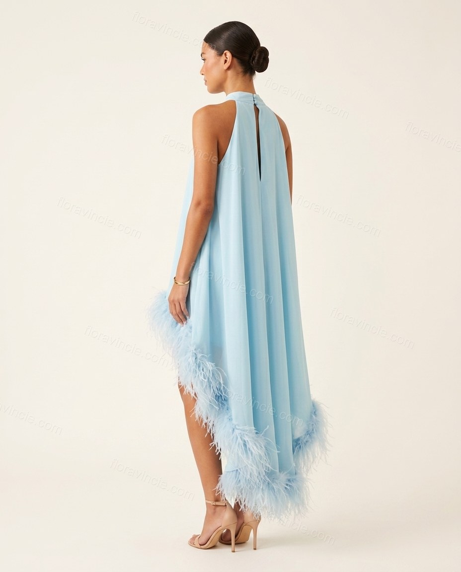 Light Blue Mini Halter High-Low Dress, back studio view showing keyhole back opening with a high halter neck closure, by Floravincie