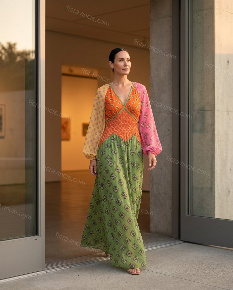 Green Geometric Maxi Dress, alternate use-case lifestyle view, by Floravincie