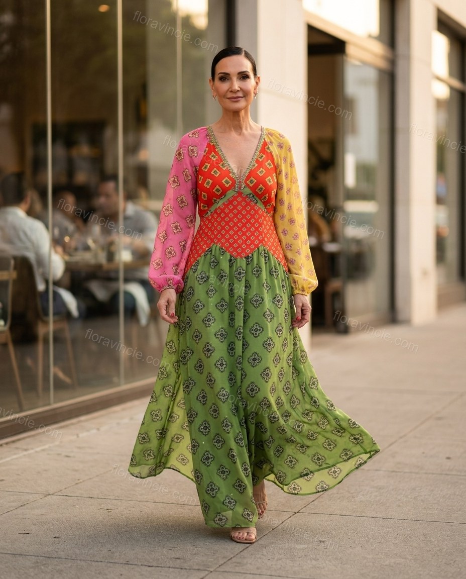 Green Geometric Maxi Dress, walking lifestyle view, by Floravincie