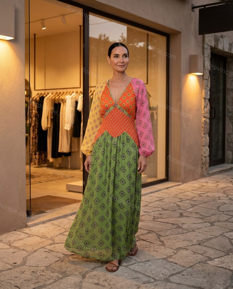 Green Geometric Maxi Dress, three-quarter brand lifestyle view, by Floravincie
