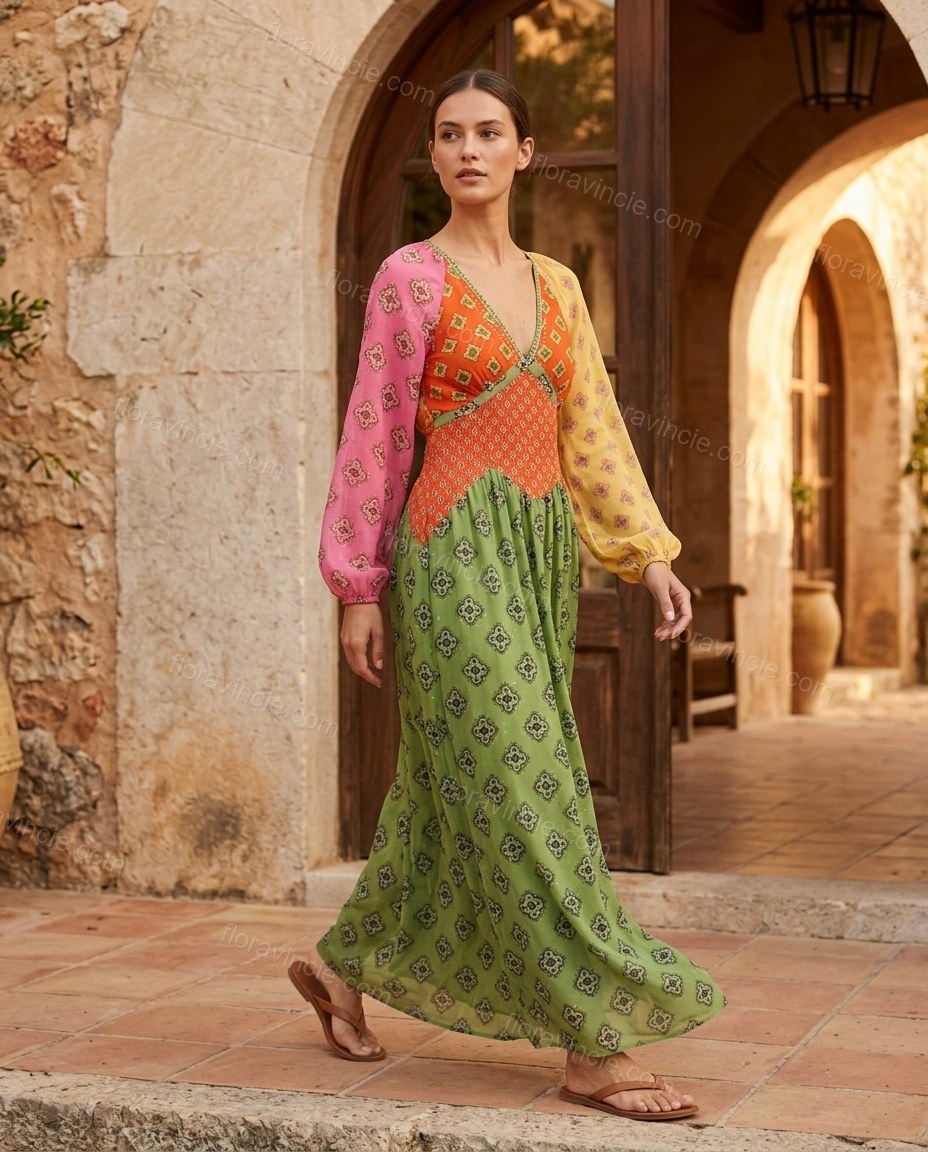 Green Geometric Maxi Dress, movement and fit lifestyle view, by Floravincie