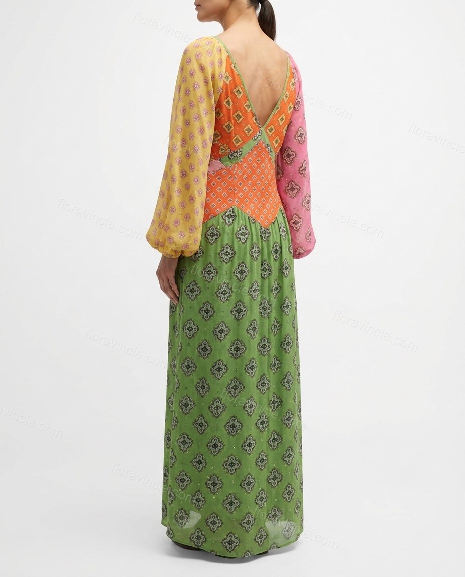 Green Geometric Maxi Dress, back studio view showing v-neck back opening with patchwork color-blocking, by Floravincie