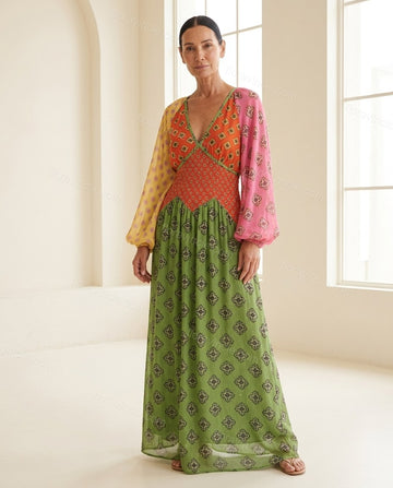 Green Geometric Maxi Dress, full-length hero view, by Floravincie