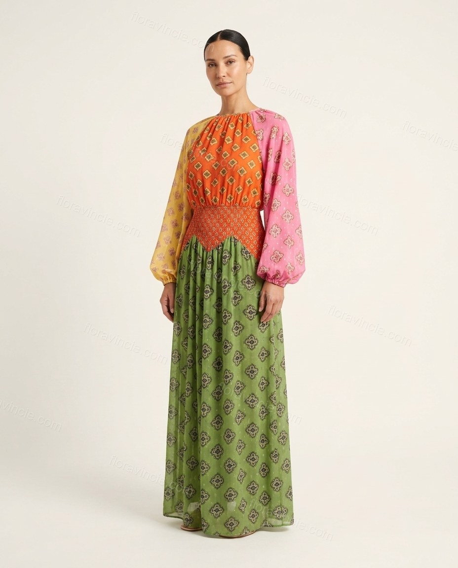 Green Geometric Maxi Dress, front studio view, by Floravincie