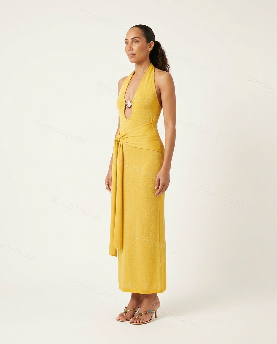 Yellow Maxi Halter Knit Dress, side and back studio view showing open back design, by Floravincie