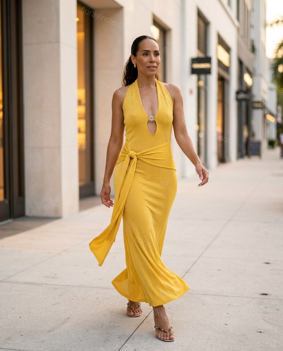 Yellow Maxi Halter Knit Dress, walking lifestyle view, by Floravincie