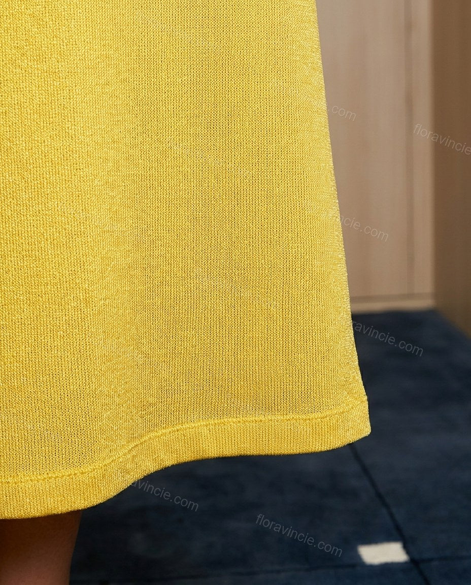 Yellow Maxi Halter Knit Dress, close-up of keyhole cutout, waist tie and sun-shaped chest embellishment, by Floravincie