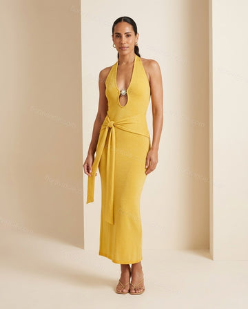 Yellow Maxi Halter Knit Dress, full-length hero view, by Floravincie