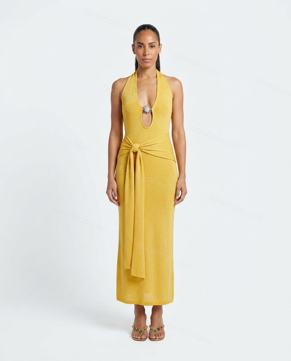 Yellow Maxi Halter Knit Dress, front studio view, by Floravincie