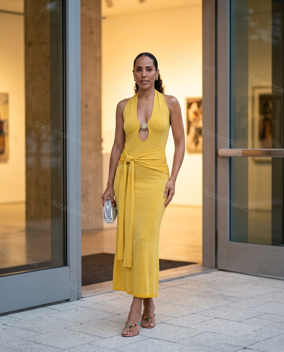 Yellow Maxi Halter Knit Dress, alternate use-case lifestyle view, by Floravincie