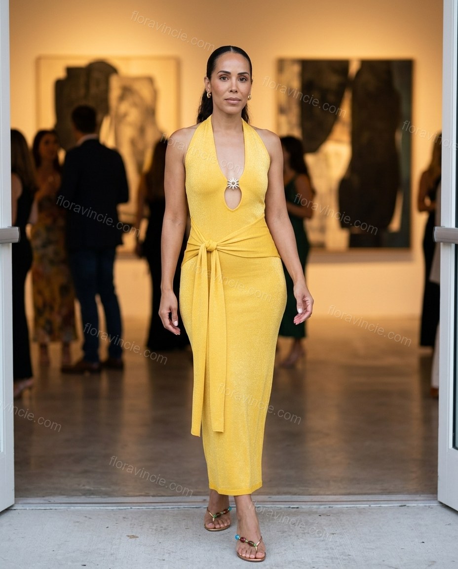 Yellow Maxi Halter Knit Dress, three-quarter brand lifestyle view, by Floravincie