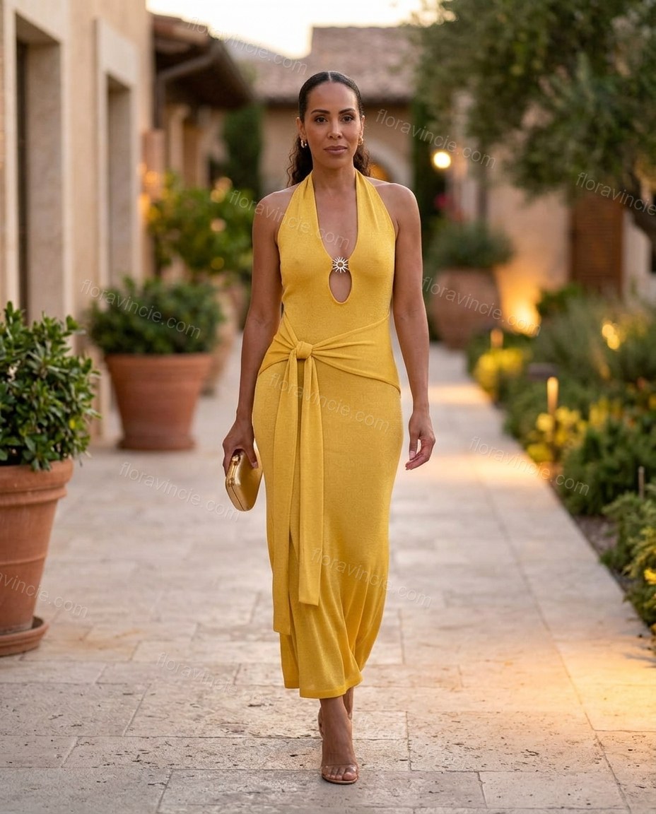 Yellow Maxi Halter Knit Dress, movement and fit lifestyle view, by Floravincie