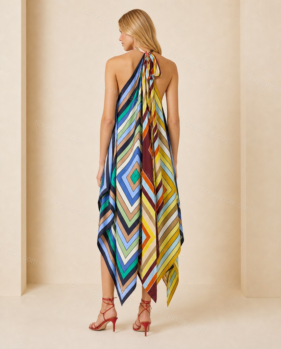 Multi-Color Chevron Open-Back Halter Dress, side and back studio view showing open back with halter tie closure, by Floravincie