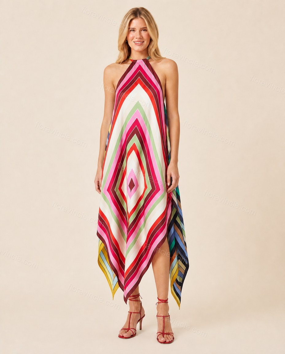 Multi-Color Chevron Open-Back Halter Dress, front studio view, by Floravincie