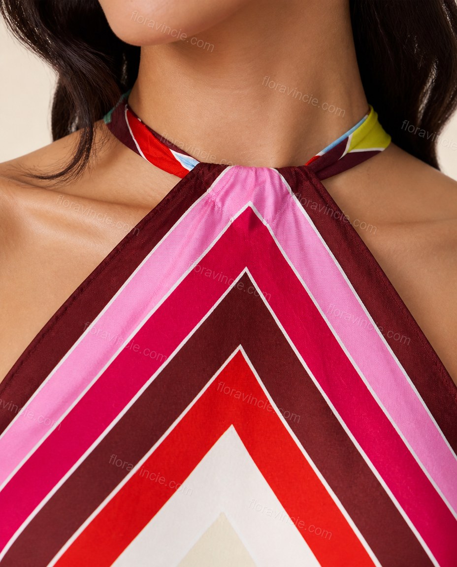 Multi-Color Chevron Open-Back Halter Dress, close-up of chevron, by Floravincie