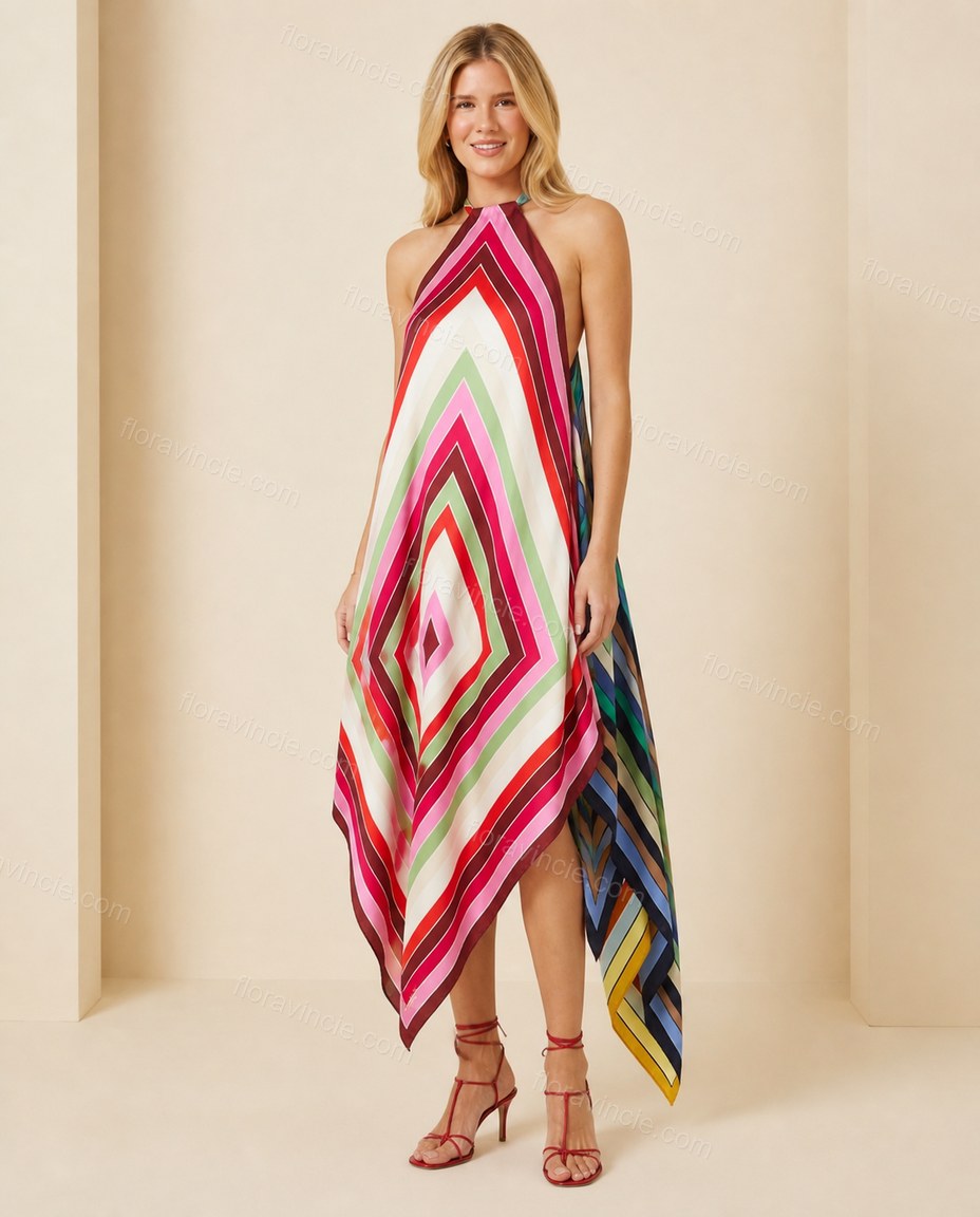 Multi-Color Chevron Open-Back Halter Dress, full-length hero view, by Floravincie