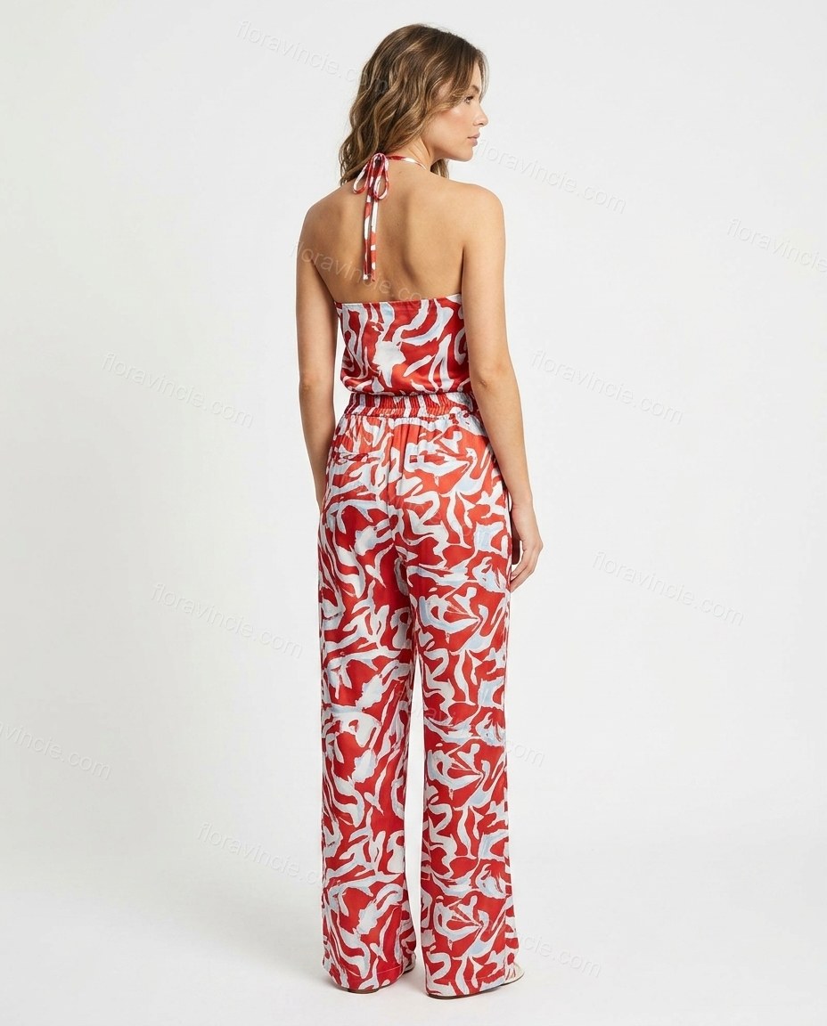 Red Floral Halter Satin Top & Pants Set, back studio view, by Floravincie
