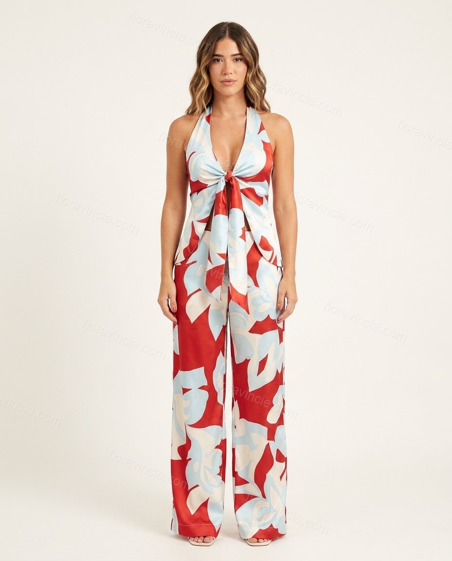 Red Floral Halter Satin Top & Pants Set, front studio view, by Floravincie