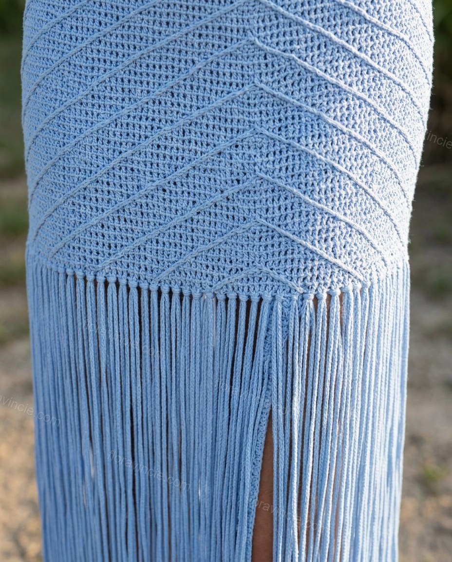Light Blue Geometric Maxi Fringe Skirt Set, close-up of geometric, by Floravincie