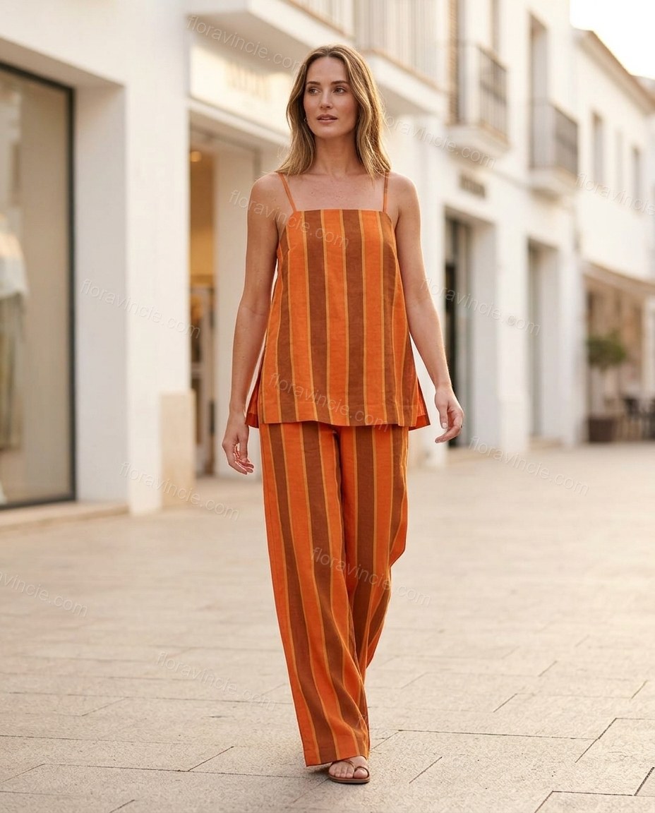 Orange Striped Top & Pants Set, movement and fit lifestyle view, by Floravincie
