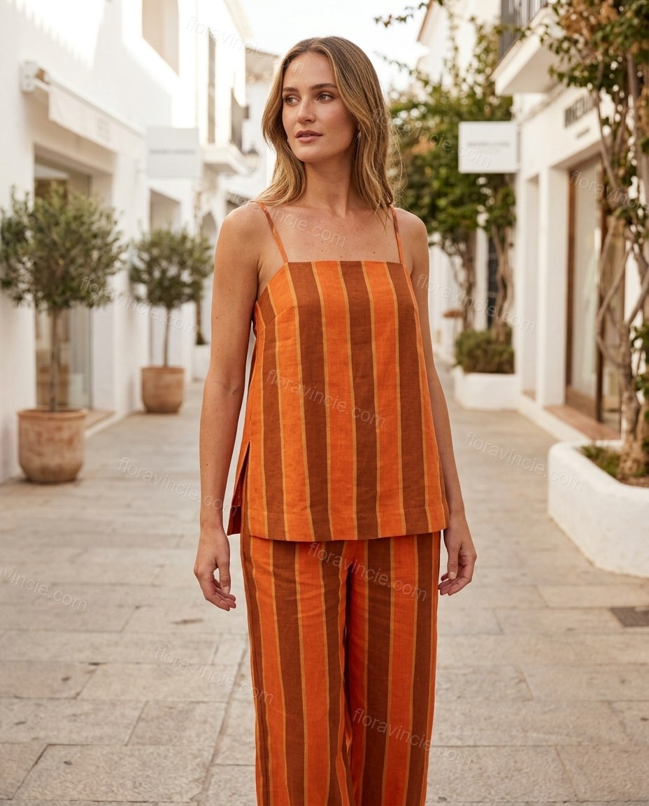 Orange Striped Top & Pants Set, three-quarter brand lifestyle view, by Floravincie