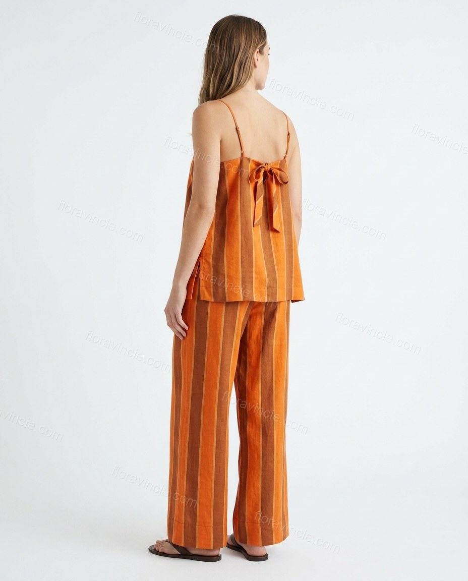 Orange Striped Top & Pants Set, back studio view showing tie-back closure at the upper back of the camisole, by Floravincie