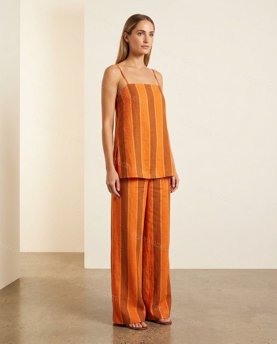 Orange Striped Top & Pants Set, full-length hero view, by Floravincie