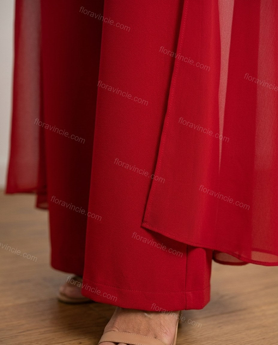 Red Open-Back Cape Halter Jumpsuit, close-up of open back, self-tie closure at back and integrated cape, by Floravincie