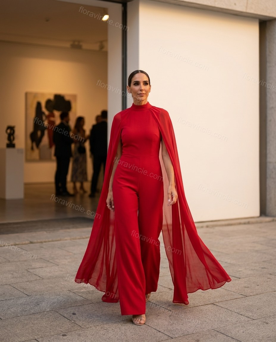 Red Open-Back Cape Halter Jumpsuit, alternate use-case lifestyle view, by Floravincie