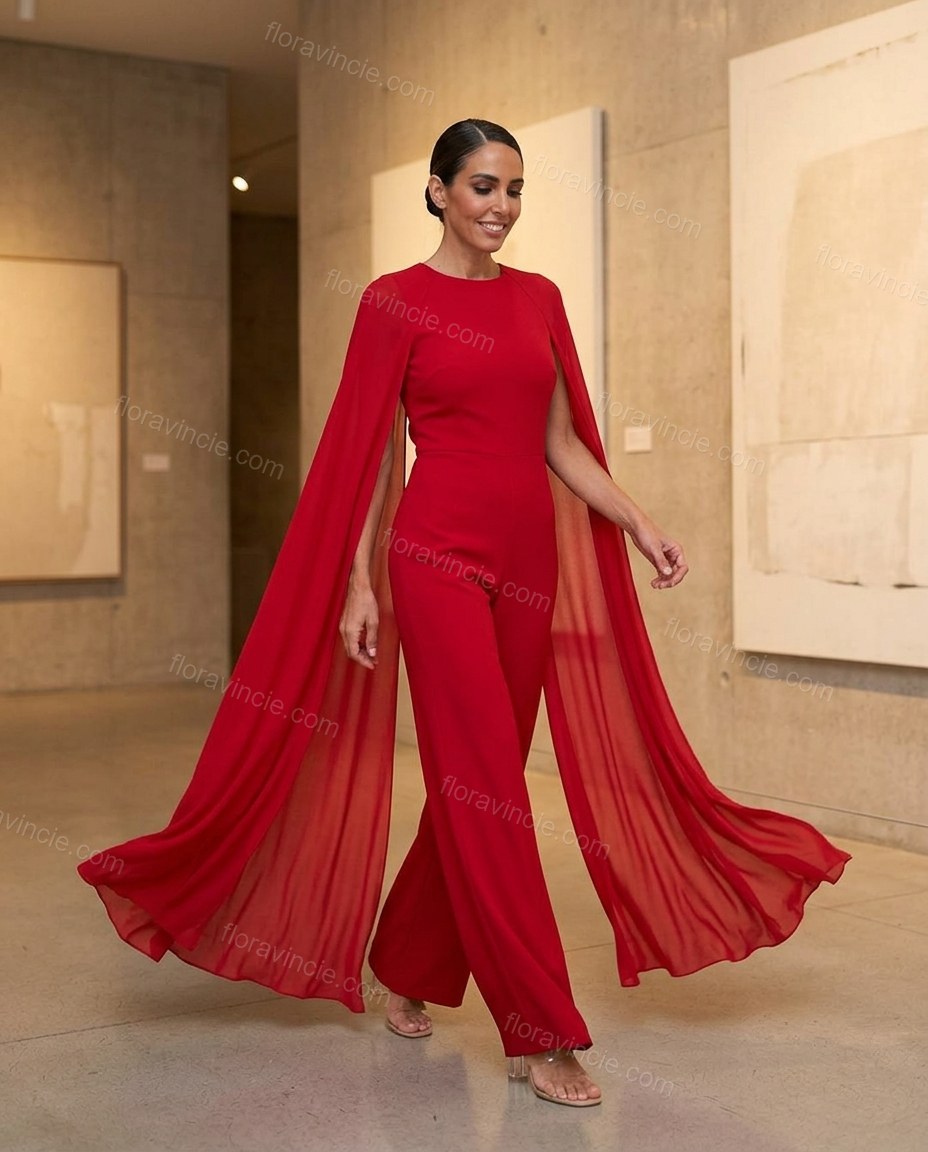Red Open-Back Cape Halter Jumpsuit, movement and fit lifestyle view, by Floravincie