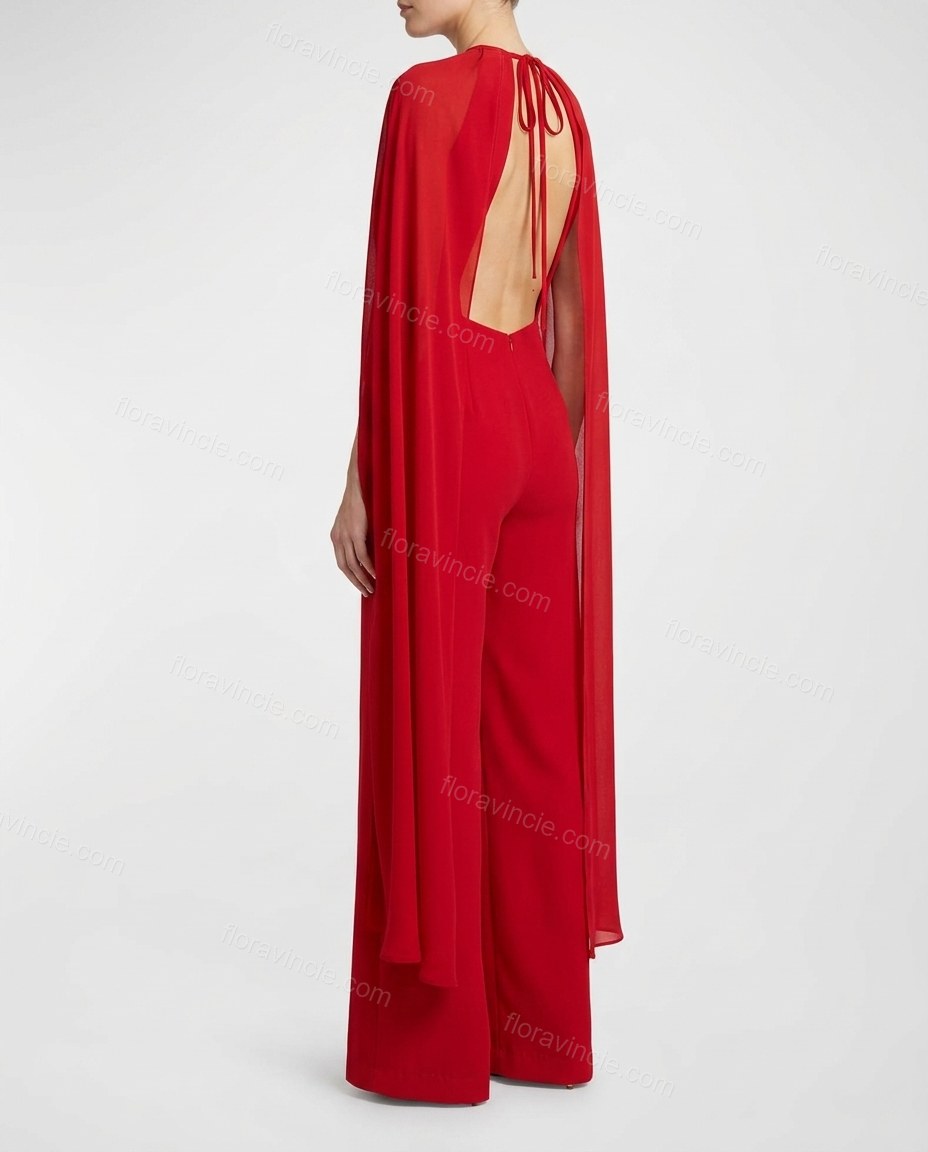 Red Open-Back Cape Halter Jumpsuit, back studio view showing deep open back with halter tie closure at the neck, by Floravincie