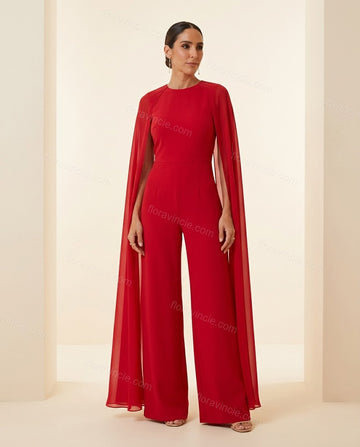 Red Open-Back Cape Halter Jumpsuit, full-length hero view, by Floravincie