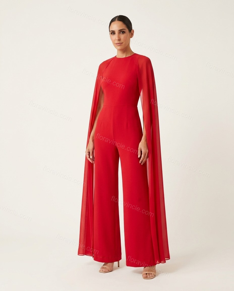 Red Open-Back Cape Halter Jumpsuit, front studio view, by Floravincie