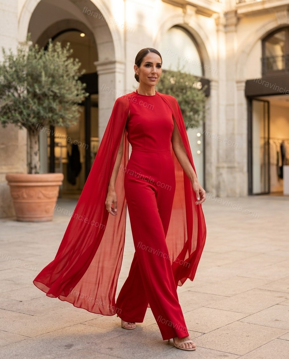 Red Open-Back Cape Halter Jumpsuit, walking lifestyle view, by Floravincie