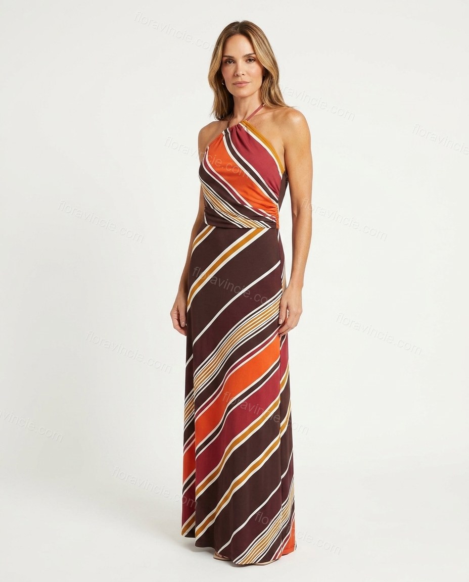 Dark Brown Striped Maxi Halter Dress, side and back studio view showing unclear, likely continues diagonal stripes and halter strap, by Floravincie