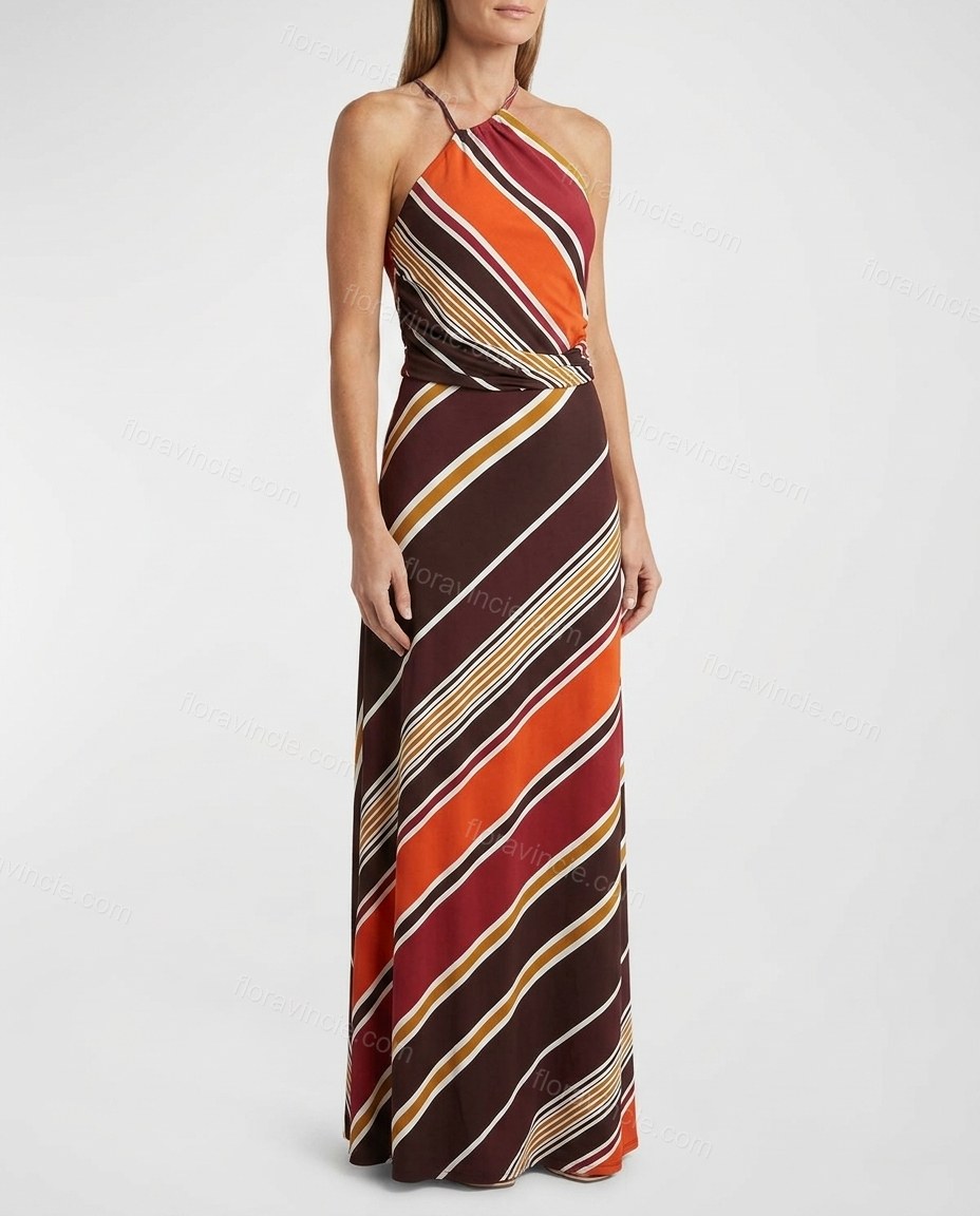 Dark Brown Striped Maxi Halter Dress, front studio view, by Floravincie