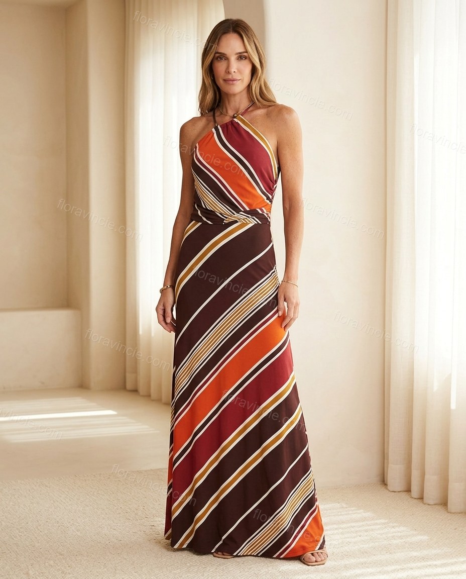Dark Brown Striped Maxi Halter Dress, full-length hero view, by Floravincie