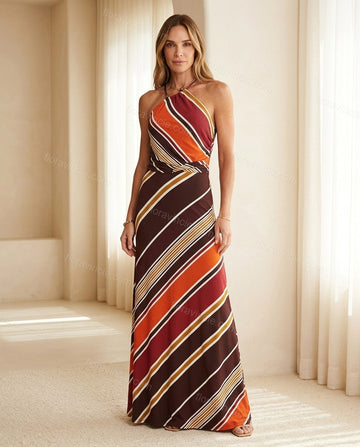 Dark Brown Striped Maxi Halter Dress, full-length hero view, by Floravincie